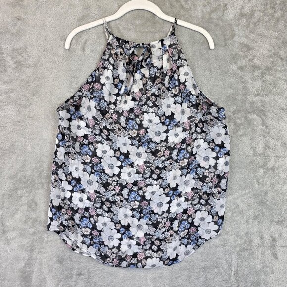 Ann Taylor Blouse Womens Medium Black Floral Halter Sleeveless Lined Keyhole - Picture 9 of 10